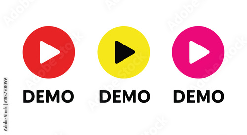 Flat design of three colorful play buttons icons with DEMO text on a white background.