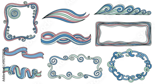 A collection of colorful swirly ribbons and frames in a vector graphic design
