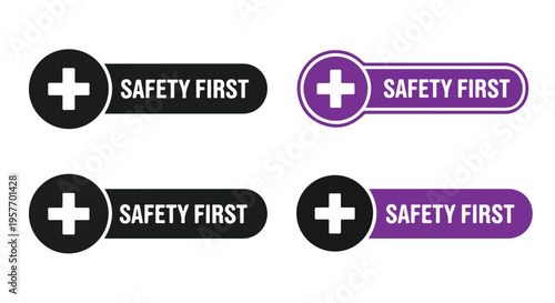 Four safety first icons with medical cross symbols on white background.