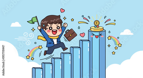 Cartoon businessman jumping on blue bar graph with briefcase and flag in a light blue sky with clouds and colorful decorations.