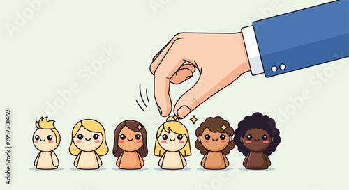 A hand in a blue suit sleeve points to a diverse group of six cartoon people with different skin tones standing in a line on a light green background.