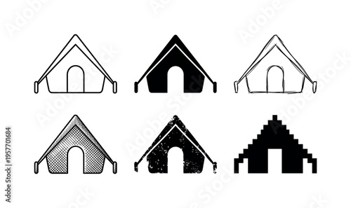 Collection of six different tent icons in various artistic styles for outdoor adventure