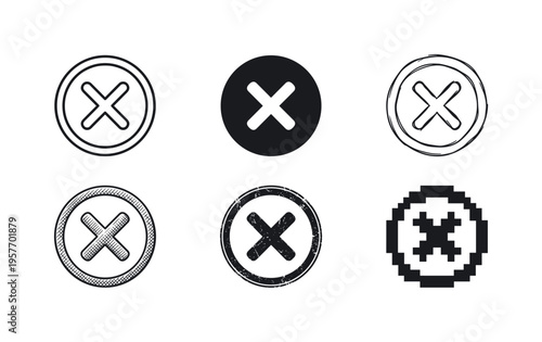 Collection of six different styles of the 'X' mark or close button icons