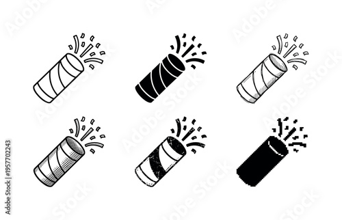 Collection of six different styles of poppers exploding with confetti, isolated on white