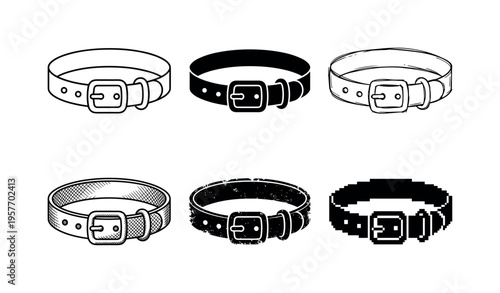 Collection of six different belt designs and styles with buckles and holes