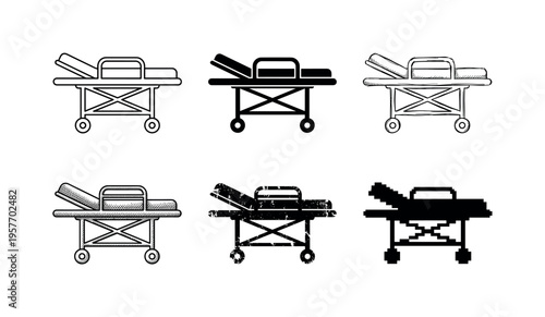 Collection of six medical stretchers in various artistic styles and formats