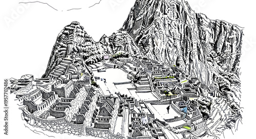 Machu Picchu ancient Inca citadel in the Andes mountains, Peru, black and white sketch