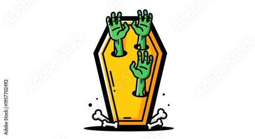 Halloween Zombie Hands Emerging from Coffin, Spooky Fun Illustration