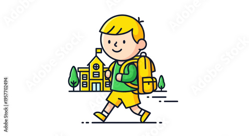 Happy boy with backpack walking to school, cartoon style illustration
