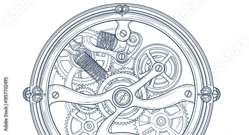 Intricate Mechanical Clockwork Mechanism Drawing, Vintage Watch Gears, Timepiece Engineering