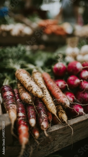 Freshly Harvested Organic Carrots and Radishes Displayed in a Wooden Crate at a Farmers Market