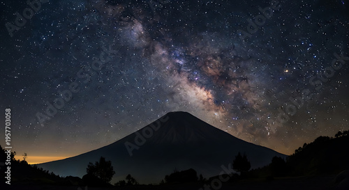 A majestic volcano summit bathed in the ethereal glow of the Milky Way galaxy, a breathtaking celestial spectacle