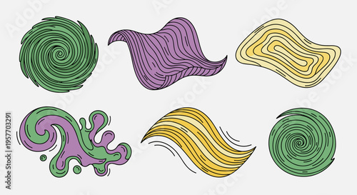 A colorful vector graphic illustration of swirling abstract shapes in green, purple, and yellow hues