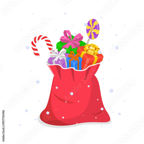 3D Isometric Flat Vector Illustration of Christmas Sack, Christmas Gift Box In Santa Claus Red Bag Against A Solid Background. Item 2