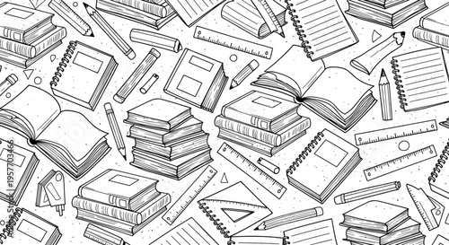 A detailed illustration of various school supplies and books in a flat, line art style