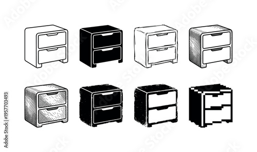 Collection of diverse nightstand icons and illustrations in various artistic styles