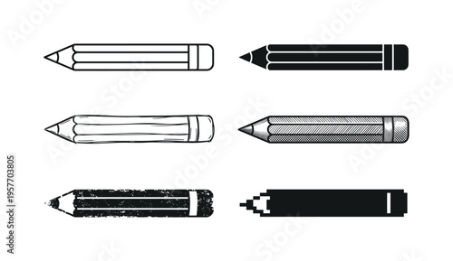 Collection of six different pencil illustrations in various artistic styles and textures