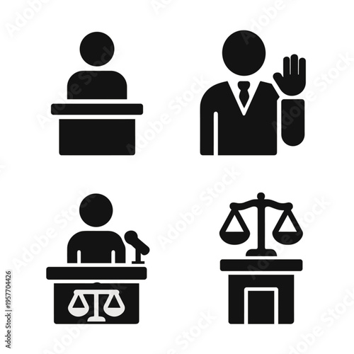 Legal and justice icons: courtroom, scales, judge, witness silhouettes