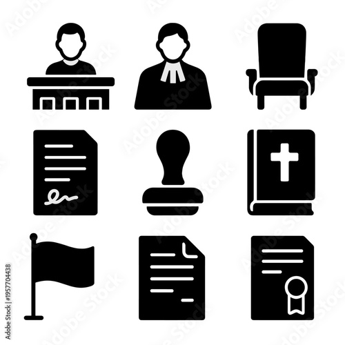 Legal icons set featuring judge, documents, seal, and court symbols