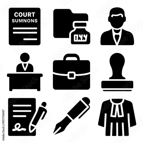 Legal icons set with court summons, lawyer, briefcase, and pen illustration