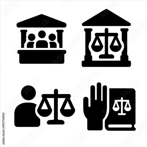 Legal icons set: justice, court, scales, and law symbols in black silhouettes