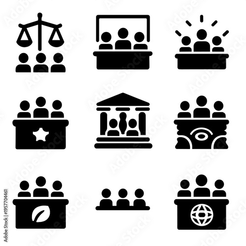 Justice and governance icons set featuring scales and people silhouettes