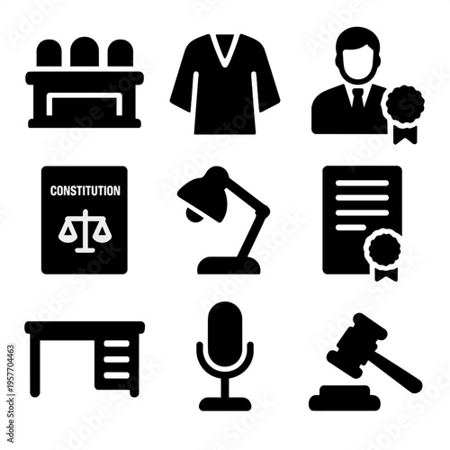 Legal and educational icon set with courtroom, constitution, and certification symbols