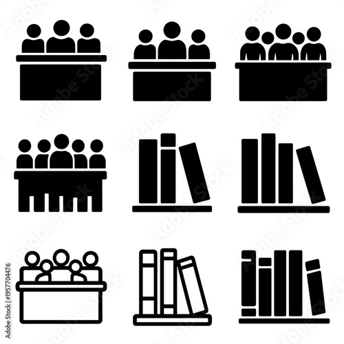 Minimalist icons of people at desks and books on shelves