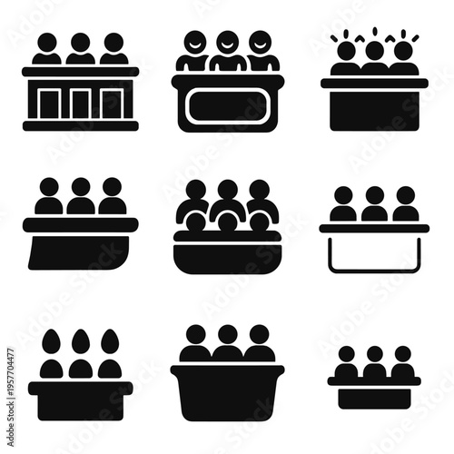 Black silhouette group icon set on gradient background