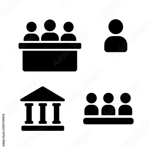 Courtroom icons: legal symbols for justice and teamwork representation