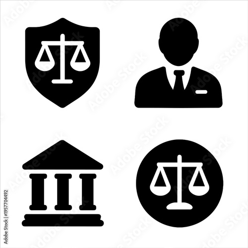 Legal symbols and figures in black and white design
