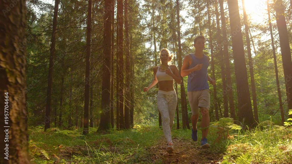 Fototapeta premium LENS FLARE: Spring sunbeams shine through the treetops and down on trail runners