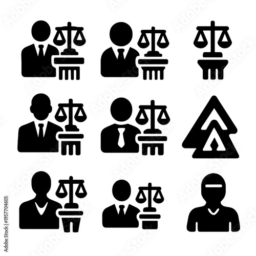 Diverse legal professional icons with scales and gavel symbol