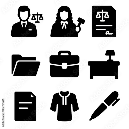 Legal and office icons: judge, lawyer, documents, briefcase, desk, pen