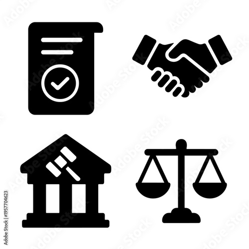 Legal and financial icons: contract, handshake, courthouse, scales of justice