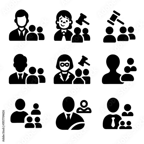 Law and justice icons: diverse legal professions in black and white design