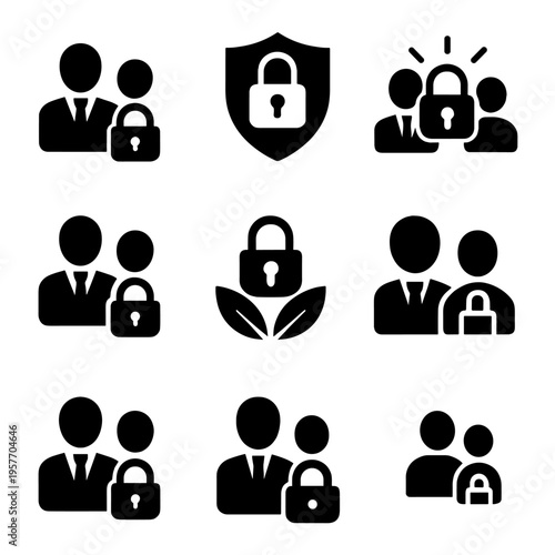 Business security icons collection: lock, protection, teamwork, confidentiality