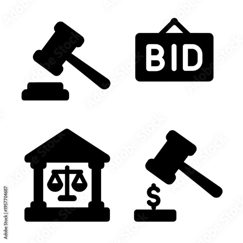 Auction and justice icons set: gavel, bid, courthouse, money symbol