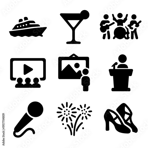Entertainment icons set: cruise, cocktail, band, film, gallery, speaker, concert
