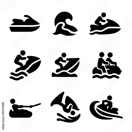 Water sports icons set featuring jet ski and wave activities