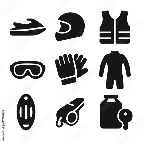 Water sports equipment icons set featuring helmet, vest, goggles, and jet ski