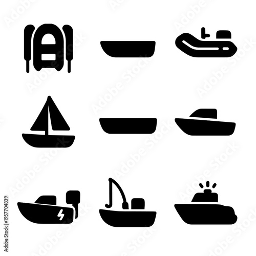 Stylish collection of boat and watercraft icons with backpack shape