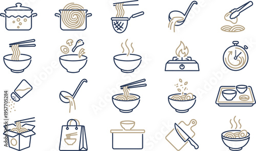 Collection of stylized line icons illustrating the various steps for preparing and serving delicious Asian noodle dishes.