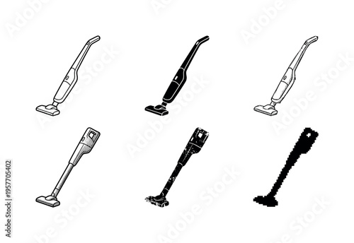 Collection of six different vacuum cleaner illustrations in various styles and textures