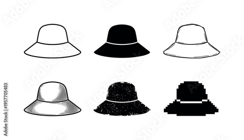 Collection of six different styles of bucket hats, each with a wide brim