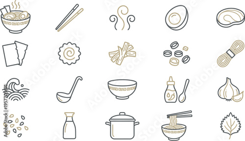 Collection of minimalist line icons representing various traditional Japanese ramen ingredients and serving items