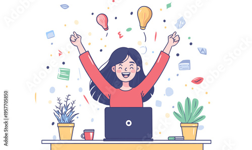 Excited woman celebrating success with arms raised in front of laptop, confetti and lightbulbs flying