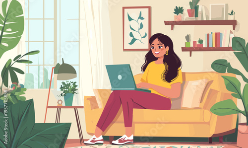 Young woman working on laptop while relaxing on a comfortable couch surrounded by plants