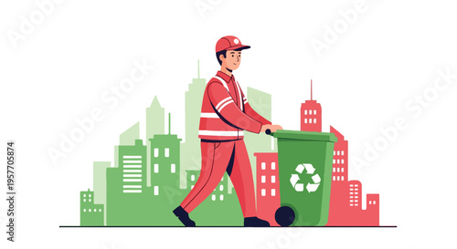 A sanitation worker in an orange uniform pushing a green recycling bin with a cityscape background in a flat, colorful illustration style with a clean and eco-friendly mood.