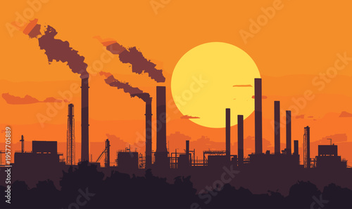 Industrial factory smokestacks emitting smoke against a vibrant orange sunset sky